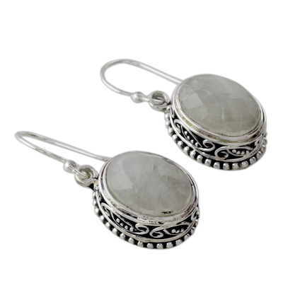 Rainbow moonstone dangle earrings, 'Melodious Charm' - Rainbow Moonstone and Sterling Silver Hand Crafted Earrings