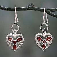 Garnet dangle earrings, 'Radiant Romance' - Hand Crafted Silver and Garnet Heart Shaped Dangle Earrings