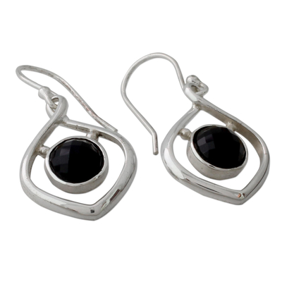 Onyx dangle earrings, 'Midnight Facets' - Handcrafted Contemporary Indian Earrings in Silver and Onyx