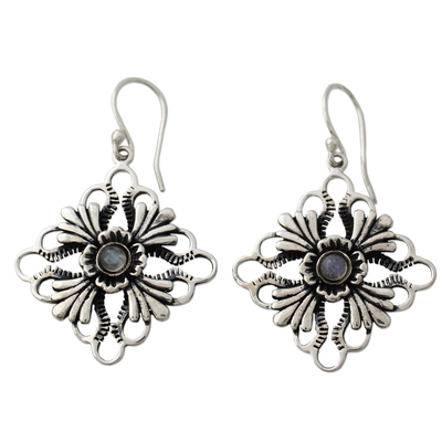 Floral Silver Earrings with Rainbow Moonstone Gems