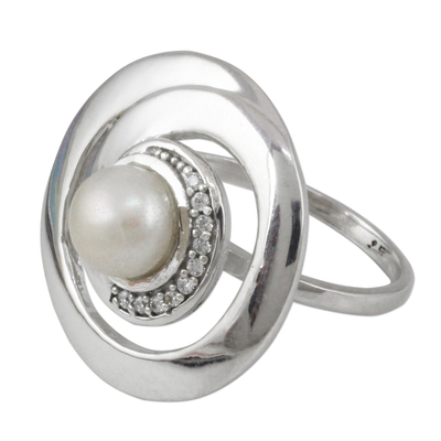 Cultured pearl cocktail ring, 'Peaceful Allure' - Contemporary Silver Cultured Pearl Ring with Cubic Zirconia