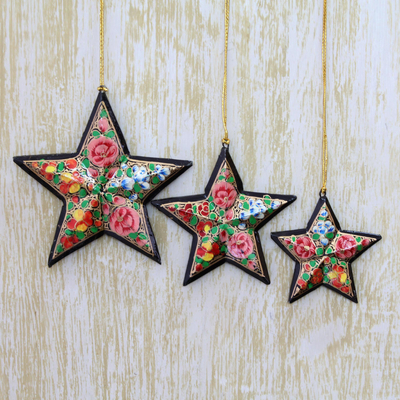 Papier mache ornaments, 'Starry Floral' (set of 3) - Artisan Crafted Papier Mache Star Ornaments (Set of 3)