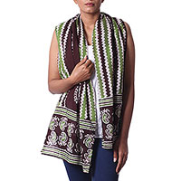 Batik cotton shawl, 'Espresso Paisley' - Batik Paisley Cotton Shawl in Green and Espresso from India