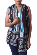 Cotton batik scarf,  'Modern Espresso Paisley' - Batik Paisley Cotton Scarf in Espresso, Teal, and White