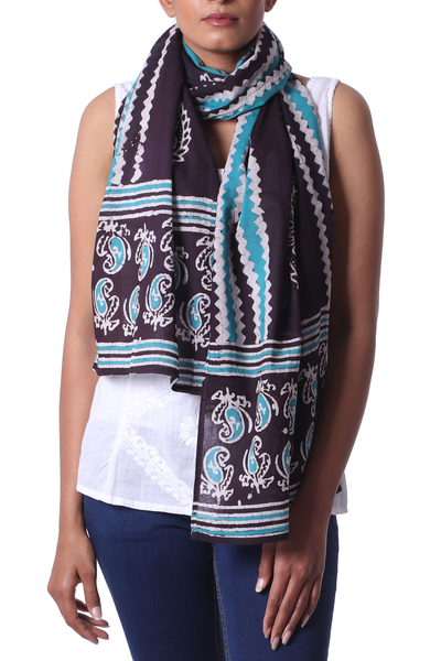 Cotton batik scarf,  'Modern Espresso Paisley' - Batik Paisley Cotton Scarf in Espresso, Teal, and White