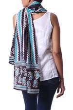 Cotton batik scarf,  'Modern Espresso Paisley' - Batik Paisley Cotton Scarf in Espresso, Teal, and White