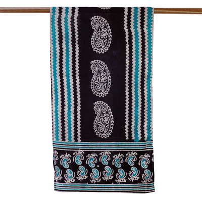 Cotton batik scarf,  'Modern Espresso Paisley' - Batik Paisley Cotton Scarf in Espresso, Teal, and White