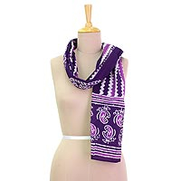 Cotton batik scarf, 'Modern Aubergine Paisley' - Purple and White Paisley and Zig Zag Batik Printed Scarf