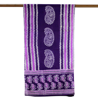 Bufanda batik de algodón, 'Modern Berenjena Paisley' - Pañuelo estampado Paisley morado y blanco y Zig Zag Batik