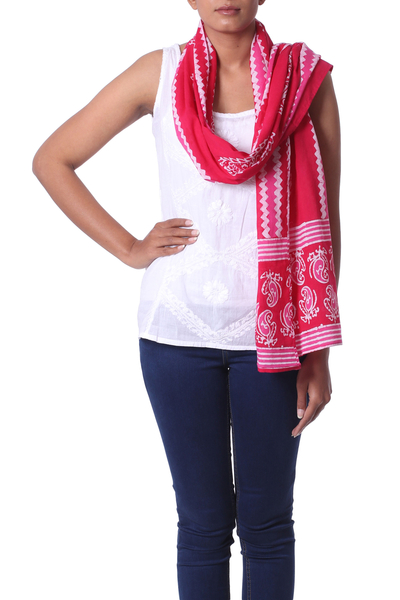 Cotton batik scarf, 'Modern Ruby Paisley' - Ruby and Hot Pink Paisley and Chevron Printed Batik Scarf