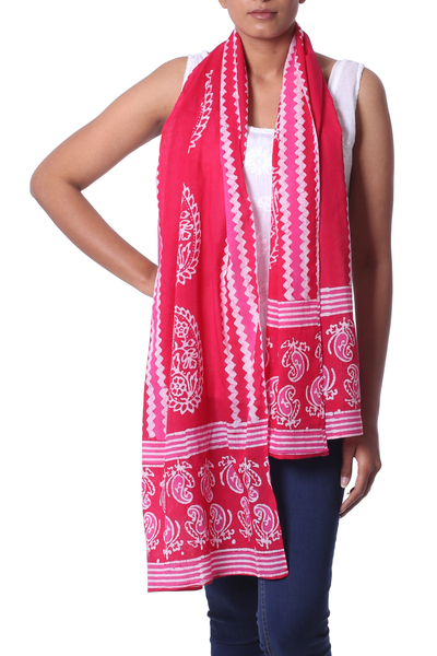 Cotton batik scarf, 'Modern Ruby Paisley' - Ruby and Hot Pink Paisley and Chevron Printed Batik Scarf