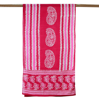 Batikschal aus Baumwolle - Rubinroter und pinkfarbener Batikschal mit Paisley- und Chevronmuster