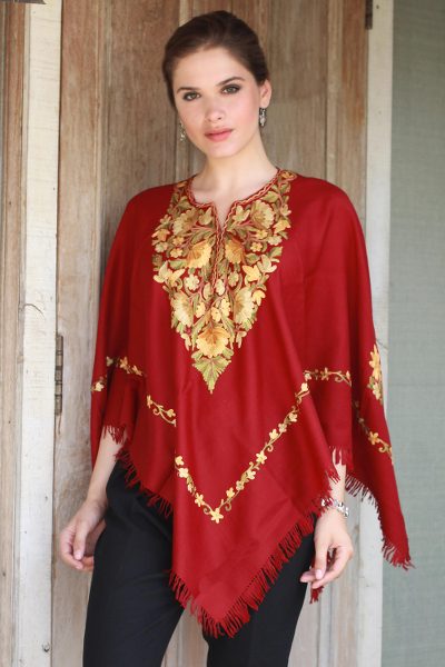 Wool poncho, 'Wine and Marigolds' - Burgundy Wool Poncho Lavish Chain Stitch Floral Embroidery