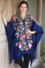Wool embroidered kimono, 'Persian Sea' - Blue Wool Kimono with Chain Stitch Floral Embroidery