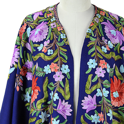 Blue Wool Kimono with Chain Stitch Floral Embroidery - Persian Sea | NOVICA