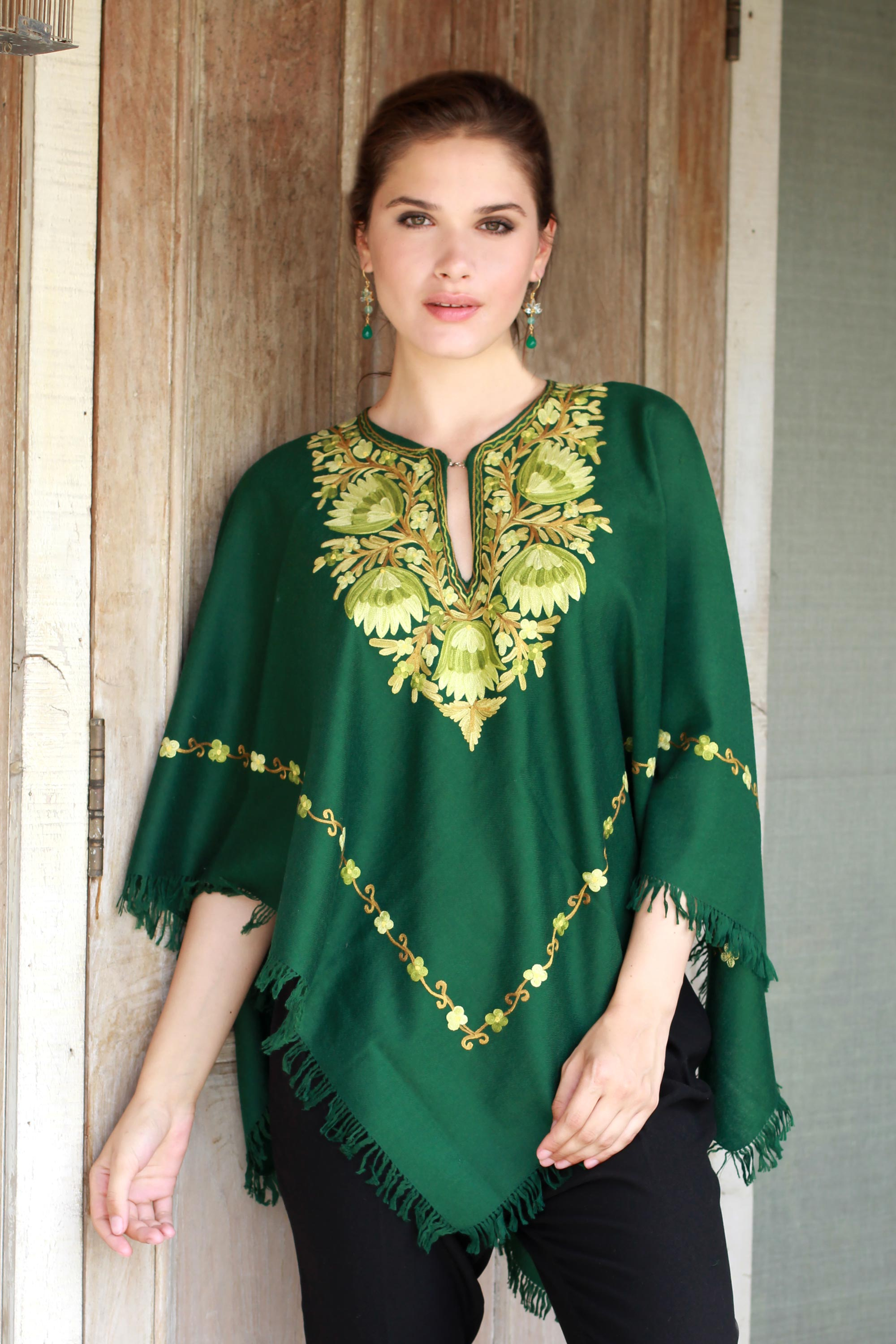 Kashmiri Chain Stitch Floral Embroidery Green Wool Poncho