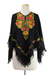 Poncho de lana - Poncho de lana negro con lujoso bordado floral de punto de cadeneta