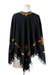 Wool poncho, 'Midnight Floral Grandeur' - Black Wool Poncho with Lavish Chain Stitch Floral Embroidery