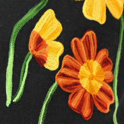 Cotton cushion covers, 'Midnight Marigolds' (pair) - 2 Black Cotton Floral Cushion Covers Chainstitch Embroidery
