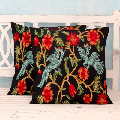 Cotton cushion covers, 'Blue Cockatoos' (pair) - 2 Black Cotton Chainstitch Embroidery Floral Cushion Covers