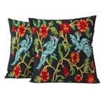 Cotton cushion covers, 'Blue Cockatoos' (pair) - 2 Black Cotton Chainstitch Embroidery Floral Cushion Covers
