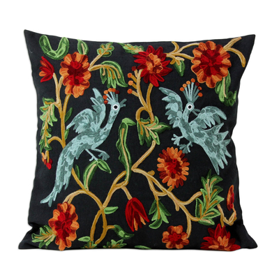 Cotton cushion covers, 'Blue Cockatoos' (pair) - 2 Black Cotton Chainstitch Embroidery Floral Cushion Covers