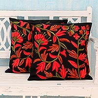 Cotton cushion covers, 'Poppies at Midnight' (pair) - 2 Chainstitch Embroidery Black Cotton Floral Cushion Covers