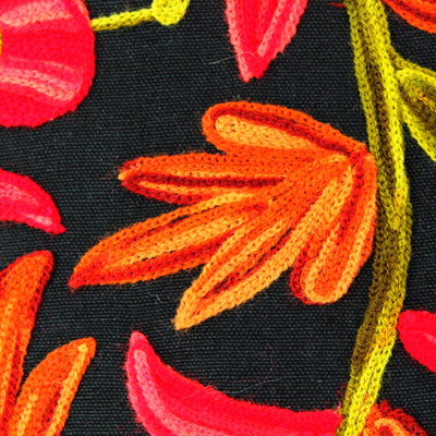 Kissenbezüge aus Baumwolle, (Paar) - 2 Kissenbezüge aus schwarzer Baumwolle mit Kettenstichstickerei und Blumenmuster