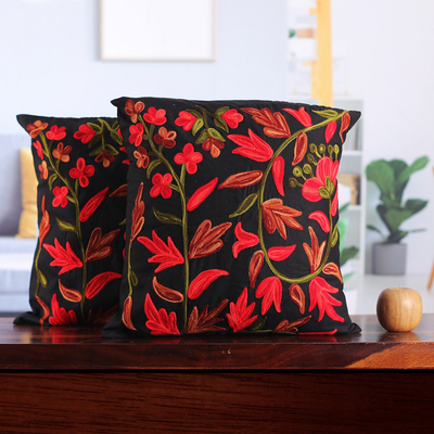 Cotton cushion covers, 'Poppies at Midnight' (pair) - 2 Chainstitch Embroidery Black Cotton Floral Cushion Covers