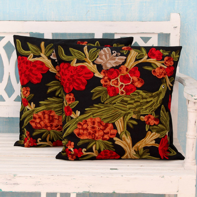 Cotton cushion covers, 'Midnight in the Garden' (pair) - Chainstitch Embroidery Black Cotton Cushion Covers (Pair)