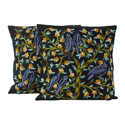 Cotton cushion covers, 'Birds in the Night' (pair) - 2 Indian Aari Embroidered Black Cotton Cushion Covers