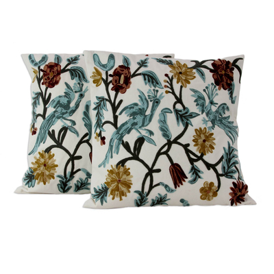 Cotton cushion covers, 'Blue Cockatoo Garden' (pair) - Cotton Chainstitch Embroidery Floral Cushion Covers (Pair)