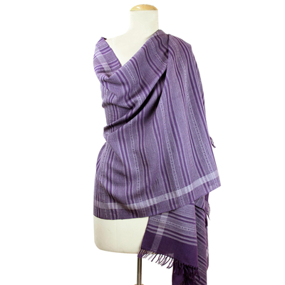 Wool shawl, 'Himalayan Orchid' - Purple Striped Handwoven Wool Shawl from India