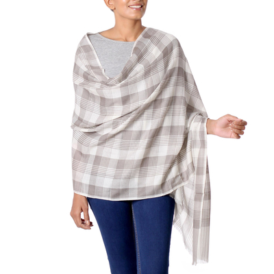 Wool Taupe Checkered Pattern Traditional Shawl from India