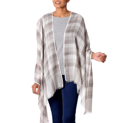 Wool shawl, 'Checkered Grace' - Wool Taupe Checkered Pattern Traditional Shawl from India
