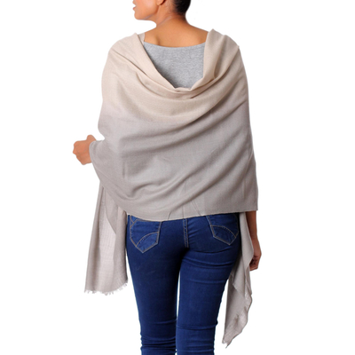 Wool shawl, 'Dusk Shadows' - Kashmiri Beige to Grey Soft Shawl Indian Warm Wool Wrap