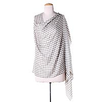 Wool shawl, 'Grey Checkered Lands' - Cream Color Wool Shawl with Thin Checkered Grey Composition