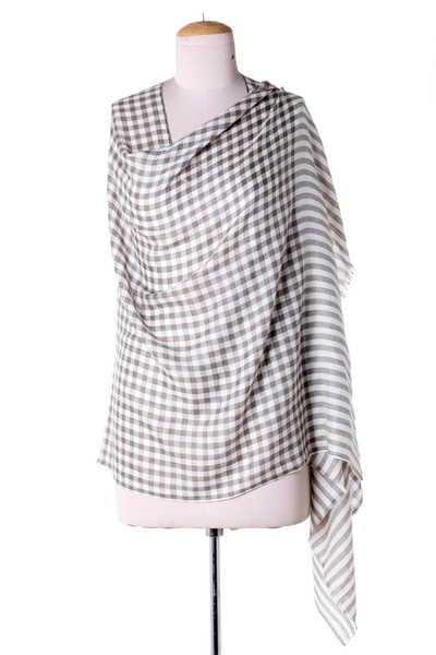 Wool shawl, 'Grey Checkered Lands' - Cream Color Wool Shawl with Thin Checkered Grey Composition