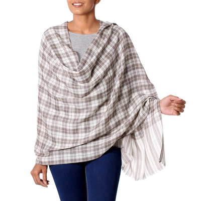 Wool Shawl from India Grey Checkered Pattern over Cream