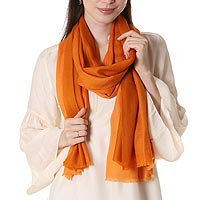 Wool shawl, 'Orange Delight' - 100% Wool Indian Lightweight Shawl in Solid Orange