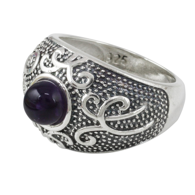 Amethyst domed ring, 'Violet Flourish' - Women's Sterling Silver Domed Ring with a Cabochon Amethyst