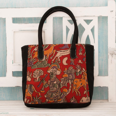 Cotton tote bag, 'Hunting Expedition' - Indian Hunting Scene Block Printed on Cotton Tote Bag