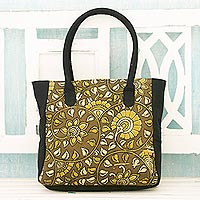Cotton tote bag, 'Curling Suns' - Indian Olive Color Cotton Tote Bag with Block Printed Leaves