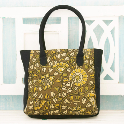 Cotton tote bag, 'Curling Suns' - Indian Olive Color Cotton Tote Bag with Block Printed Leaves