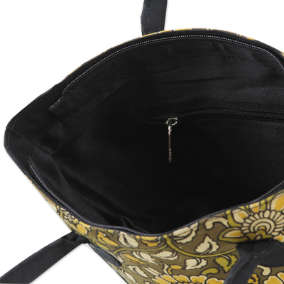 Bolsa de algodón - Bolso tote indio de algodón color oliva con hojas estampadas en bloque