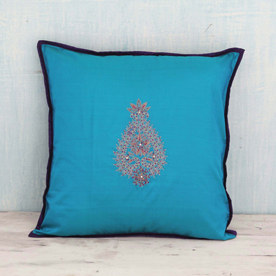 Silk cushion cover, 'Glorious Harmony' - Silk Cushion Cover with Floral Pattern from India