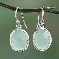 Fair Trade Aqua Chalcedony Dangle Earrings in 925 Silver,'Pale Aqua Dewdrops'