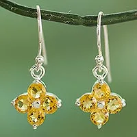 Citrine dangle earrings, 'Petite Petals' - Sterling Silver Handcrafted Flower Earrings with Citrine