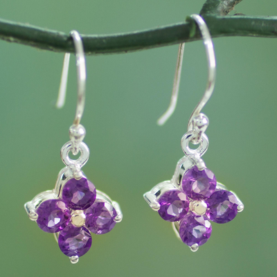 Amethyst dangle earrings, 'Petite Petals' - Floral Amethyst Dangle Earrings Artisan Crafted Jewellery