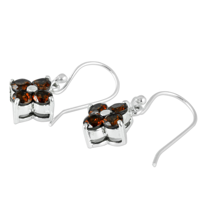 Garnet dangle earrings, 'Petite Petals' - Artisan Crafted Floral Garnet Dangle Hook Earrings
